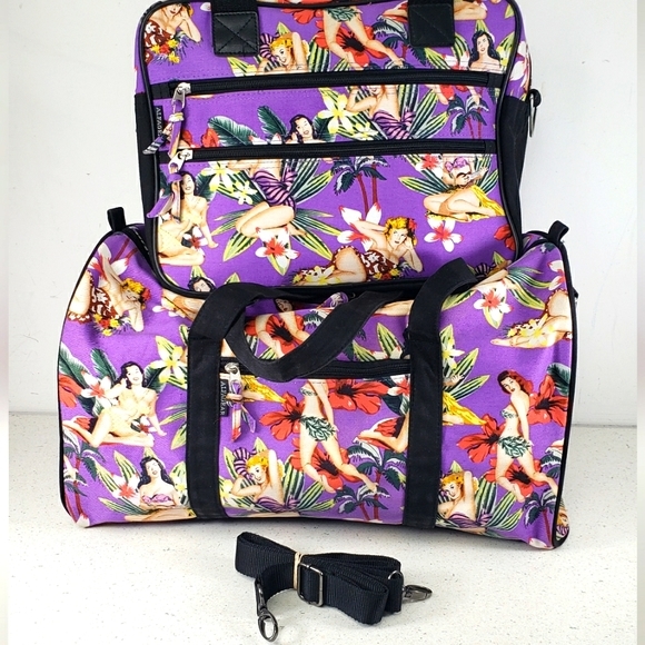 AlfaGear Duffel Bag & Tablet Hawaiian Flower Pin up Gals Travel Gym Tote Bag Set - Picture 2 of 14